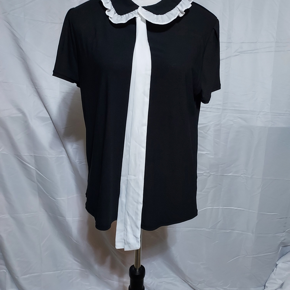 Chic Black and White Women's Blouse with Ruffle Detail